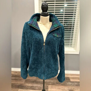 Pendleton Womens Sz M Fuzzy Zip Jacket Sherpa Teddy Fleece Blue Green Plaid